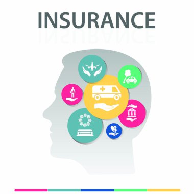 Sigorta Infographics tasarımı. Zaman çizelgesi konsepti arasında sağlık sigortası, kaza sigortası, seyahat sigortası ikonları var. Rapor, sunum, diyagram, web tasarımı için kullanılabilir