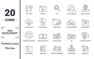Web Geliştirme simgesi seti. Yaratıcı unsurları içerir anahtar arama, seo, bulut depolama, bulut yönetimi, ağ bağlantı simgeleri. Rapor, sunum, diyagram, web tasarımı için kullanılabilir