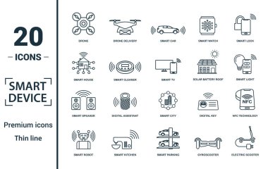Akıllı Aygıtlar simgesi seti. Yaratıcı elementler dronu, akıllı araba, akıllı ev, güneş pili çatısı, akıllı hoparlör simgeleri dahil. Rapor, sunum, diyagram, web tasarımı için kullanılabilir