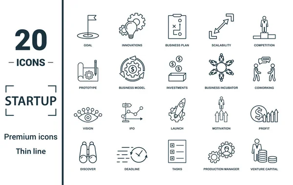 Startup-ikonen klar. Inkludera kreativa element mål, affärsplan, prototyp, företagsinkubator, vision ikoner. Kan användas för rapport, presentation, diagram, webbdesign — Stock vektor