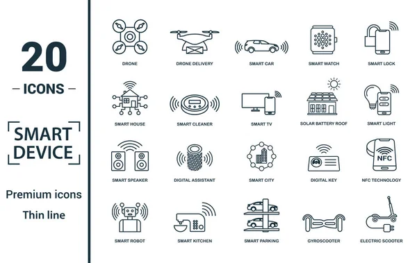Akıllı Aygıtlar simgesi seti. Yaratıcı elementler dronu, akıllı araba, akıllı ev, güneş pili çatısı, akıllı hoparlör simgeleri dahil. Rapor, sunum, diyagram, web tasarımı için kullanılabilir — Stok Vektör