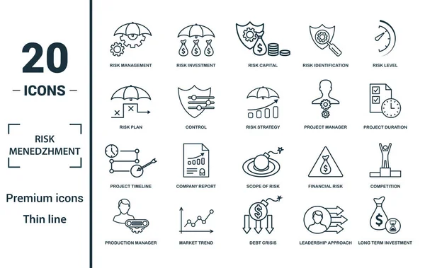 Risk Yönetimi simgesi ayarlandı. Yaratıcı unsurlar içerir risk yönetimi, risk sermayesi, risk planı, proje yöneticisi, proje zaman çizelgesi simgeleri. Rapor, sunum, diyagram, web tasarımı için kullanılabilir — Stok Vektör