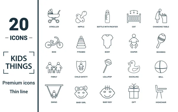 Набір піктограм дитячого персоналу. Включають творчі елементи коляски, пляшку з соску, дитячий велосипед, підгузник, сімейні ікони. Може використовуватися для звіту, презентації, діаграми, веб-дизайну — стоковий вектор