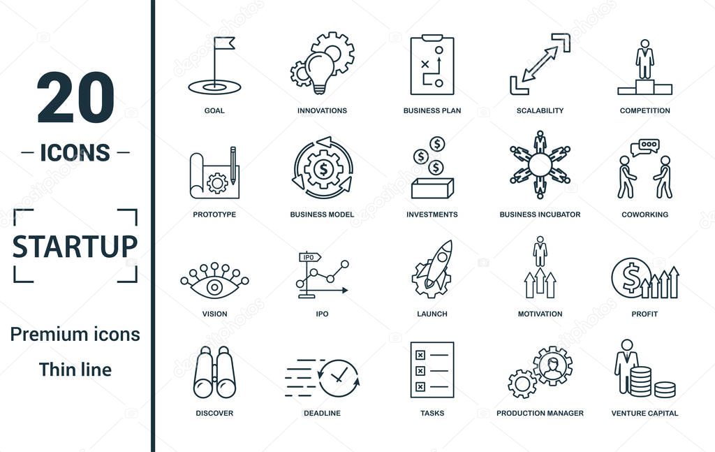 Startup icon set. Include creative elements goal, business plan, prototype, business incubator, vision icons. Can be used for report, presentation, diagram, web design