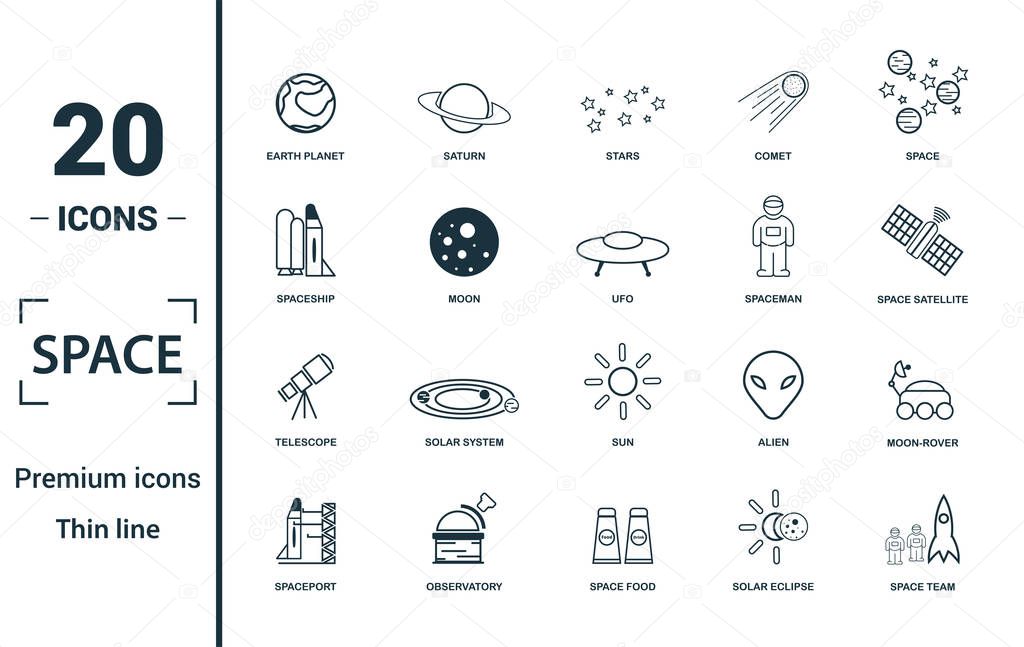 Space icon set. Include creative elements earth planet, stars, spaceship, spacemen, telescope icons. Can be used for report, presentation, diagram, web design