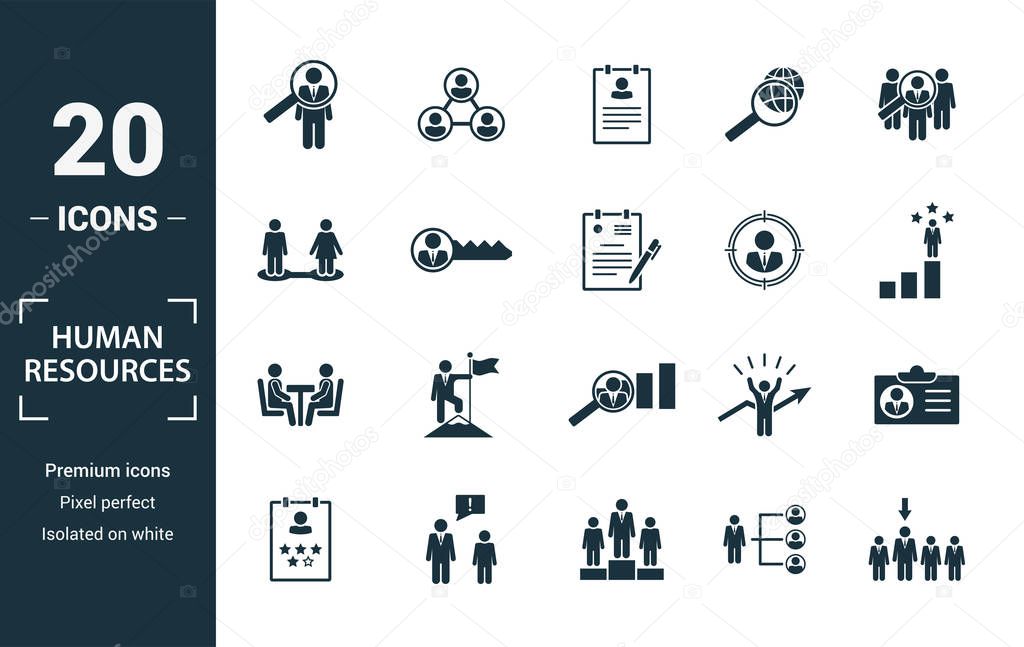 Human Resources icon set. Include creative elements searching, resume, relationship, head hunting, interview icons. Can be used for report, presentation, diagram, web design