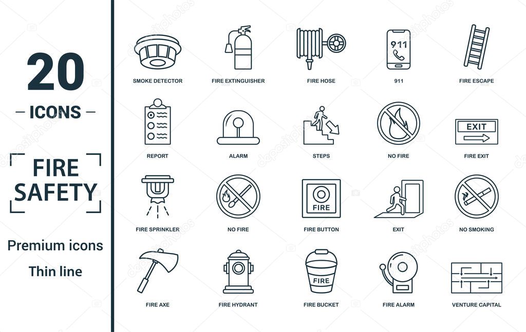 Fire Safety icon set. Include creative elements smoke detector, fire hose, report, no fire, fire sprinkler icons. Can be used for report, presentation, diagram, web design