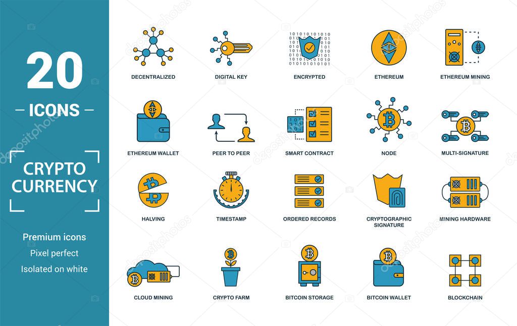 Crypto Currency icon set. Include creative elements decentralized, encrypted, ethereum wallet, node, halving icons. Can be used for report, presentation, diagram, web design