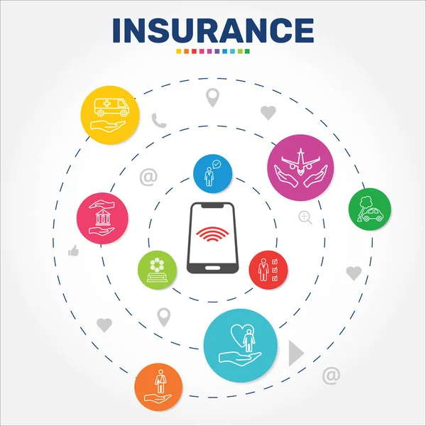 Assurance Infographie design. Le concept de calendrier comprend l'assurance médicale, l'assurance accident, les icônes de l'assurance voyage. Peut être utilisé pour le rapport, la présentation, le diagramme, la conception Web — Photo