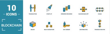 Blockchain simgesi ayarlandı. Yaratıcı elementlerin engellenmesi, dağıtım, onay, anonimlik, protokol simgeleri dahil. Rapor, sunum, diyagram, web tasarımı için kullanılabilir