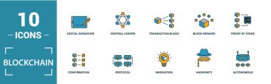 Blockchain simgesi ayarlandı. Yaratıcı elementlerin engellenmesi, dağıtım, onay, anonimlik, protokol simgeleri dahil. Rapor, sunum, diyagram, web tasarımı için kullanılabilir