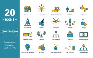 Kitle fonlama ikonu seti. Yaratıcı unsurlar piyasasını, sosyal katılımı, ön gösterimi, ödülleri, fon platformu simgelerini içerir. Rapor, sunum, diyagram, web tasarımı için kullanılabilir