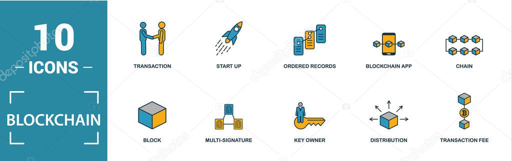 Blockchain icon set. Include creative elements block, distribution, confirmation, anonymity, protocol icons. Can be used for report, presentation, diagram, web design