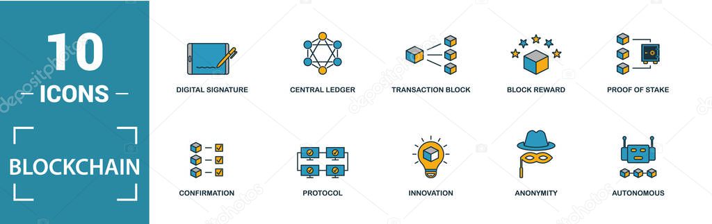 Blockchain icon set. Include creative elements block, distribution, confirmation, anonymity, protocol icons. Can be used for report, presentation, diagram, web design