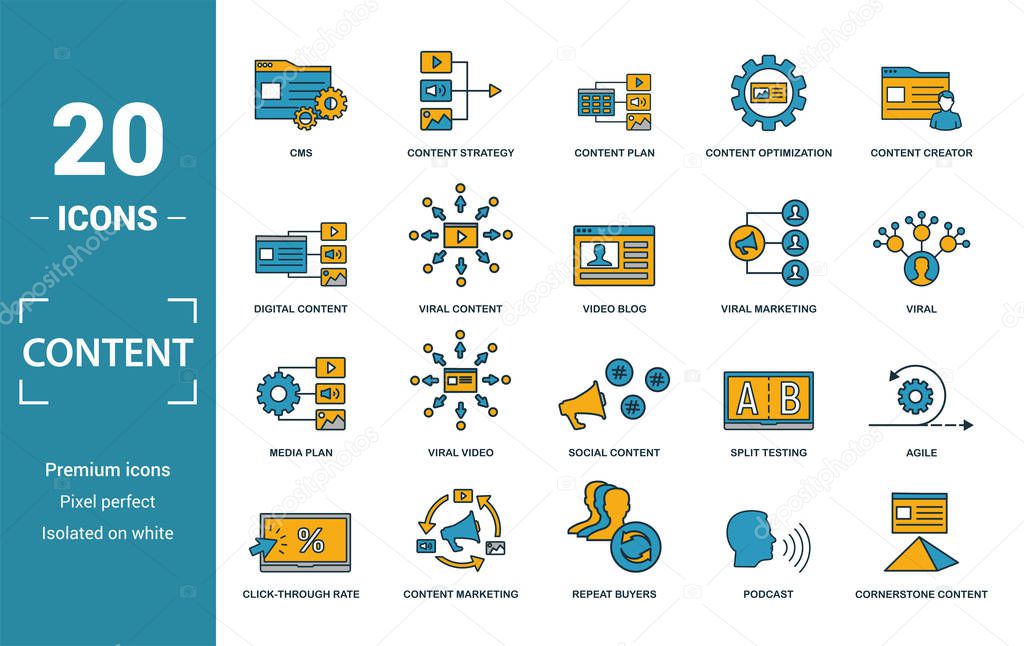 Content icon set. Include creative elements cms, content plan, digital content, viral marketing, media plan icons. Can be used for report, presentation, diagram, web design