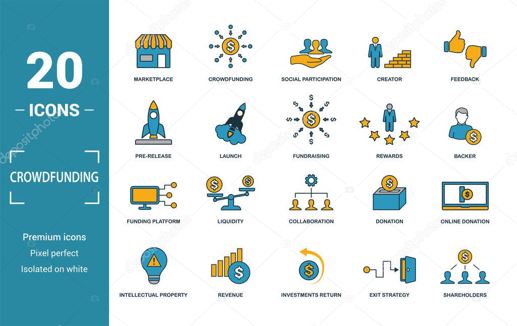 Crowdfunding icon set. Include creative elements marketplace, social participation, pre-release, rewards, funding platform icons. Can be used for report, presentation, diagram, web design