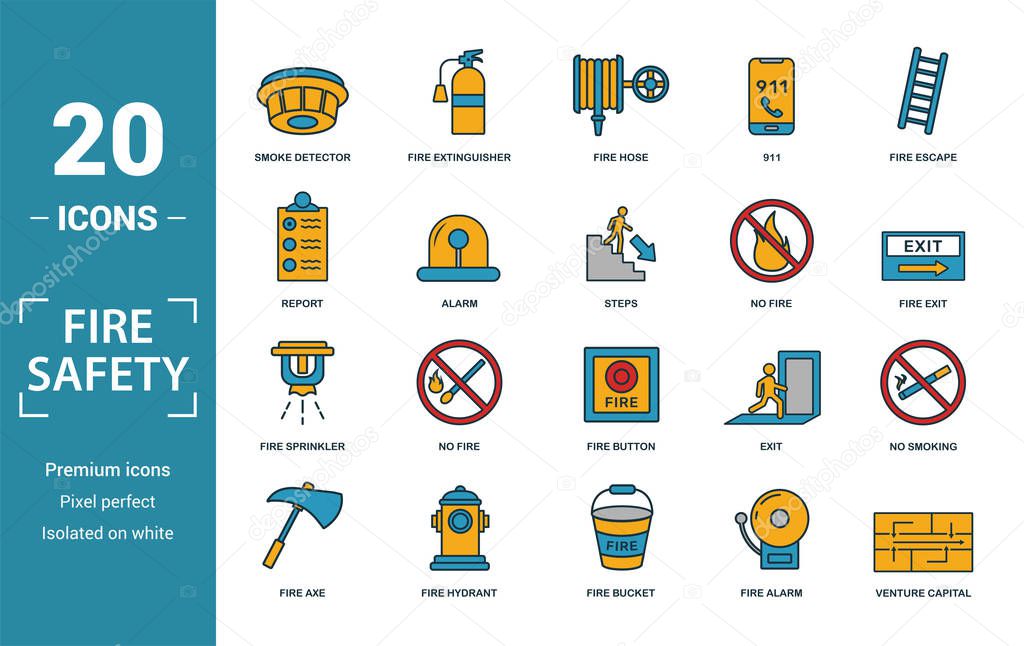 Fire Safety icon set. Include creative elements smoke detector, fire hose, report, no fire, fire sprinkler icons. Can be used for report, presentation, diagram, web design