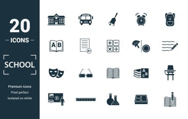 Okul simgesi seti. Yaratıcı öğeler okulu, çan, alfabe, tarih, sanat simgeleri dahil. Rapor, sunum, diyagram, web tasarımı için kullanılabilir