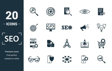 Seo ikonu hazır. Yaratıcı elementlerin arama optimizasyonunu, arama sonuçlarını, doğru çözümü, kod optimizasyonunu, web sitesi optimizasyon simgelerini içerir. Rapor, sunum, diyagram, web tasarımı için kullanılabilir