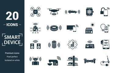 Akıllı Aygıtlar simgesi seti. Yaratıcı elementler dronu, akıllı araba, akıllı ev, güneş pili çatısı, akıllı hoparlör simgeleri dahil. Rapor, sunum, diyagram, web tasarımı için kullanılabilir