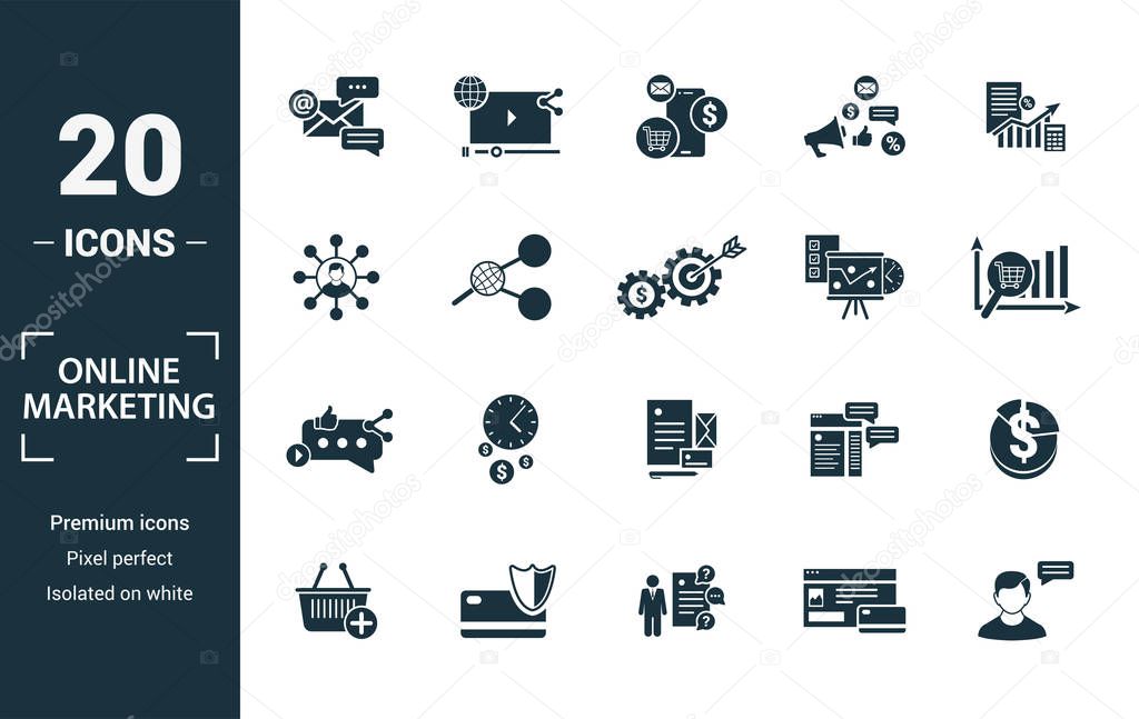 Online Marketing icon set. Include creative elements email marketing, mobile marketing, referral, marketing plan, social icons. Can be used for report, presentation, diagram, web design