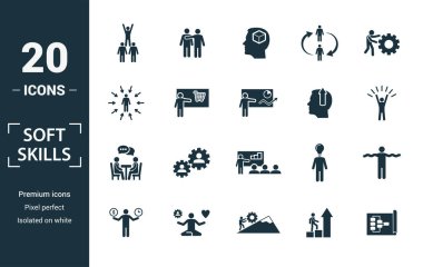 Soft Skills simgesi seti. Yaratıcı unsurları içerir takım ruhu, kişilik, kendini tanıtma, motivasyon, müzakere ikonları. Rapor, sunum, diyagram, web tasarımı için kullanılabilir