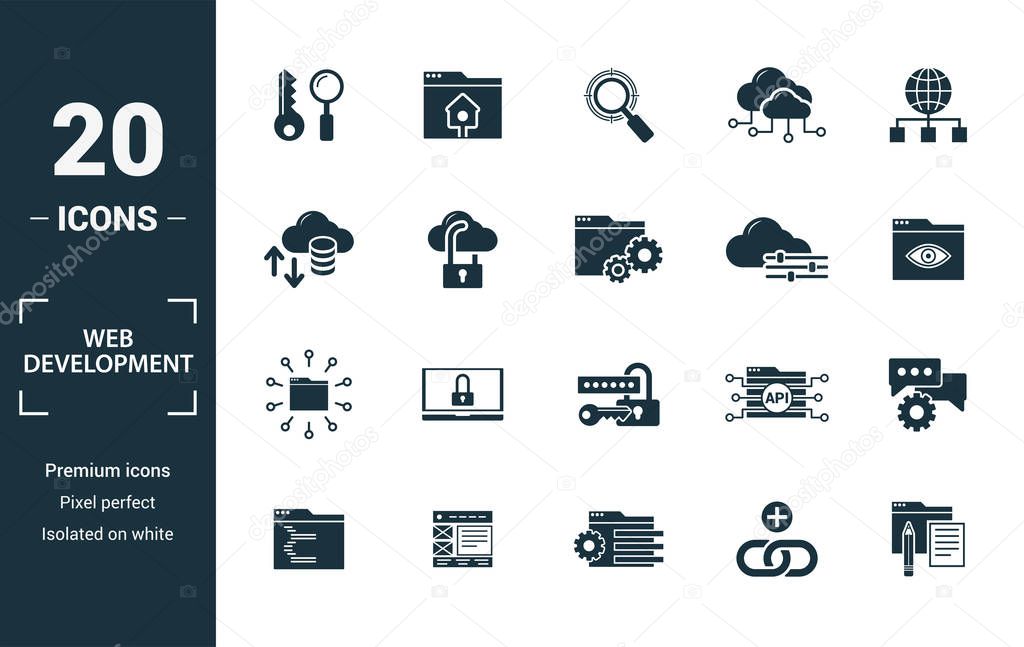 Web Development icon set. Include creative elements key search, seo, cloud storage, cloud management, network connection icons. Can be used for report, presentation, diagram, web design