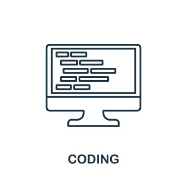 Kodlama çizgisi simgesi. Programcı simgesi koleksiyonundan ince tasarım tarzı. Bilgi grafikleri ve şablonlar için basit kodlama simgesi