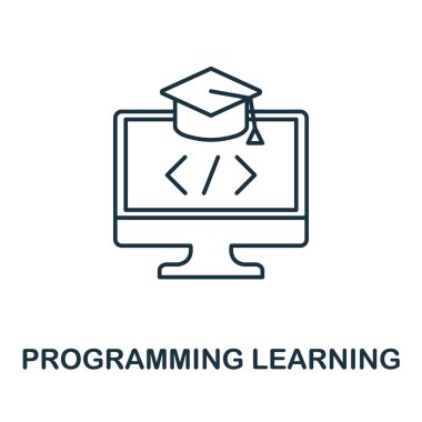 Öğrenme satırı simgesi programlanıyor. Programcı simgesi koleksiyonundan ince tasarım tarzı. Bilgi grafikleri ve şablonlar için basit programlama öğrenme simgesi