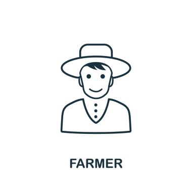 Çiftçi ikonu. Çiftlik simgeleri koleksiyonundan ince çizgi biçimi ögesi. Bilgisayar ve mobil için Çiftçi simgesini özetle