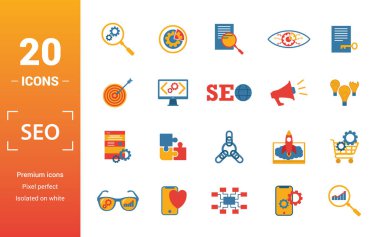 Seo ikonu hazır. Yaratıcı elementlerin arama optimizasyonunu, arama sonuçlarını, doğru çözümü, kod optimizasyonunu, web sitesi optimizasyon simgelerini içerir. Rapor, sunum, diyagram, web tasarımı için kullanılabilir