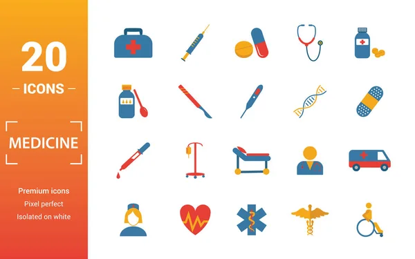 Juego de iconos de medicina. Incluye elementos creativos bolsa médica, píldoras, mezcla, ADN, iconos de la pipeta. Puede ser utilizado para el informe, presentación, diagrama, diseño web — Vector de stock