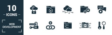 Web Geliştirme simgesi seti. Yaratıcı unsurları içerir anahtar arama, seo, bulut depolama, bulut yönetimi, ağ bağlantı simgeleri. Rapor, sunum, diyagram, web tasarımı için kullanılabilir