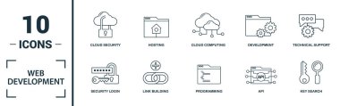 Web Geliştirme simgesi seti. Yaratıcı unsurları içerir anahtar arama, seo, bulut depolama, bulut yönetimi, ağ bağlantı simgeleri. Rapor, sunum, diyagram, web tasarımı için kullanılabilir