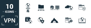 Vpn simgesi seti. Yaratıcı unsurlar, arşivleme, site güvenliği, ev sunucusu, bulut depolama ikonları dahil. Rapor, sunum, diyagram, web tasarımı için kullanılabilir