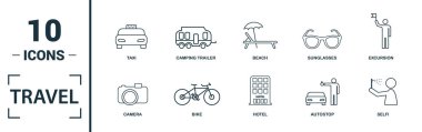 Seyahat simgesi ayarlandı. Yaratıcı unsurlar arasında pusula, uçak, taksi, kredi kartı, güneş ve dağ simgeleri vardır. Rapor, sunum, diyagram, web tasarımı için kullanılabilir