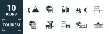 Turizm ikonu seti. Yaratıcı unsurlar vize, uluslararası pasaport, fotoğraf, sergi, taksi ikonları dahil. Rapor, sunum, diyagram, web tasarımı için kullanılabilir
