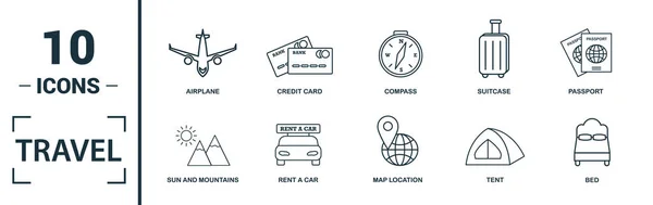 Set ikon perjalanan. Termasuk kompas kreatif elemen, pesawat terbang, taksi, kartu kredit, matahari dan gunung ikon. Dapat digunakan untuk laporan, presentasi, diagram, desain web — Stok Foto