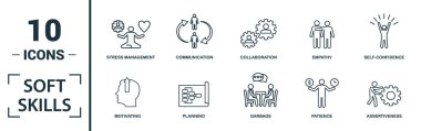 Soft Skills simgesi seti. Yaratıcı unsurları içerir takım ruhu, kişilik, kendini tanıtma, motivasyon, müzakere ikonları. Rapor, sunum, diyagram, web tasarımı için kullanılabilir
