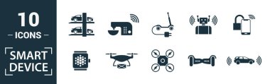 Akıllı Aygıtlar simgesi seti. Yaratıcı elementler dronu, akıllı araba, akıllı ev, güneş pili çatısı, akıllı hoparlör simgeleri dahil. Rapor, sunum, diyagram, web tasarımı için kullanılabilir