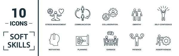 Set de iconos Soft Skills. Incluye elementos creativos espíritu de equipo, personalidad, auto-promoción, motivación, iconos de negociación. Puede ser utilizado para el informe, presentación, diagrama, diseño web —  Fotos de Stock