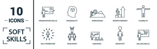 Набор значков Soft Skills. Включить творческие элементы командный дух, личность, самореклама, мотивация, переговоры иконы. Может использоваться для отчетов, презентаций, презентаций, веб-дизайна
