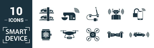 Set di icone Dispositivi intelligenti. Includere elementi creativi drone, smart car, casa intelligente, tetto a batteria solare, icone altoparlanti intelligenti. Può essere utilizzato per report, presentazione, diagramma, web design — Foto Stock