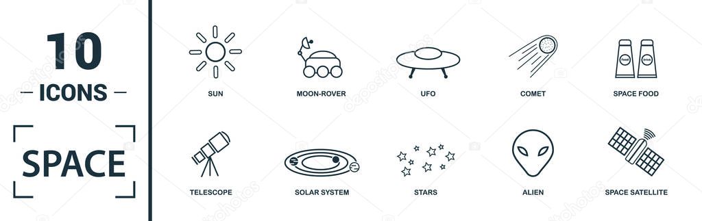 Space icon set. Include creative elements earth planet, stars, spaceship, spacemen, telescope icons. Can be used for report, presentation, diagram, web design