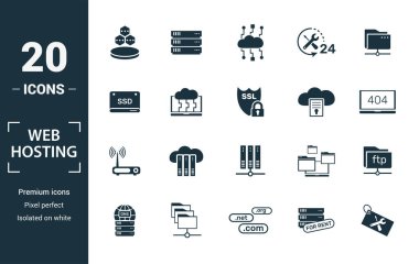 Web sunucu simgesi seti. Yaratıcı elementler veri yapısı, bulut teknolojisi, ssd, dosya erişimi, modem simgeleri içerir. Rapor, sunum, diyagram, web tasarımı için kullanılabilir.