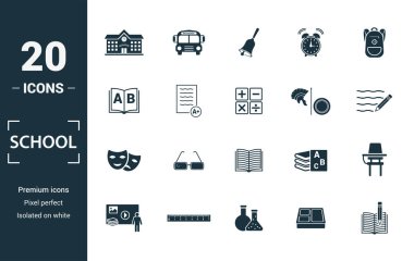 Okul simgesi seti. Yaratıcı öğeler okulu, çan, alfabe, tarih, sanat simgeleri dahil. Rapor, sunum, diyagram, web tasarımı için kullanılabilir.