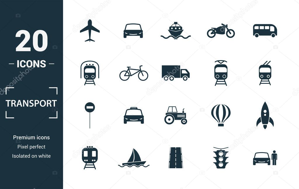 Transport icon set. Include creative elements car, motorcycle, bicycle, troleibus, taxi icons. Can be used for report, presentation, diagram, web design.