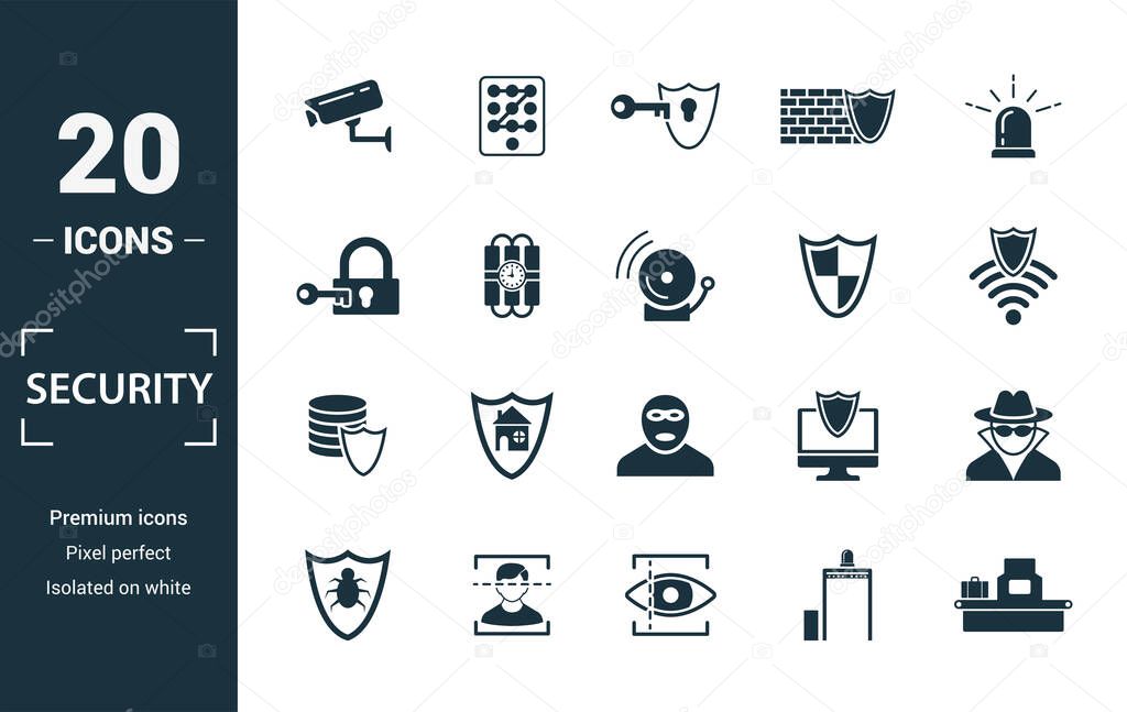 Security icon set. Include creative elements security camera, deffense, lock, protection, data protection icons. Can be used for report, presentation, diagram, web design.