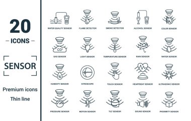 Sensör simgesi ayarlandı. Yaratıcı elementler, su kalitesi sensörü, duman dedektörü, gaz, yağmur sensörü, nem sensörü simgeleri. Rapor, sunum, diyagram, web tasarımı için kullanılabilir.