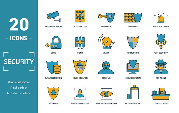 Security icon set. Include creative elements security camera, deffense, lock, protection, data protection icons. Can be used for report, presentation, diagram, web design.